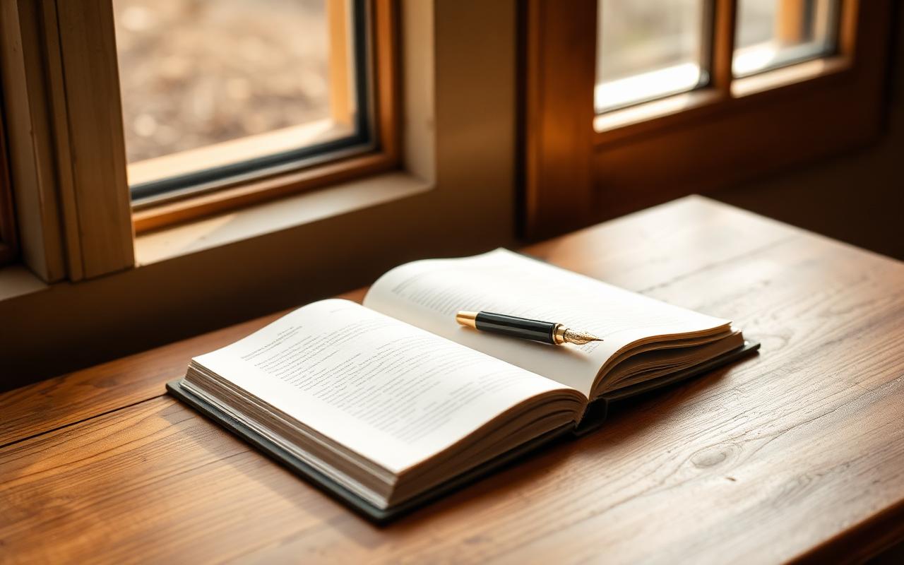 Notitieboek en pen op een houten bureau