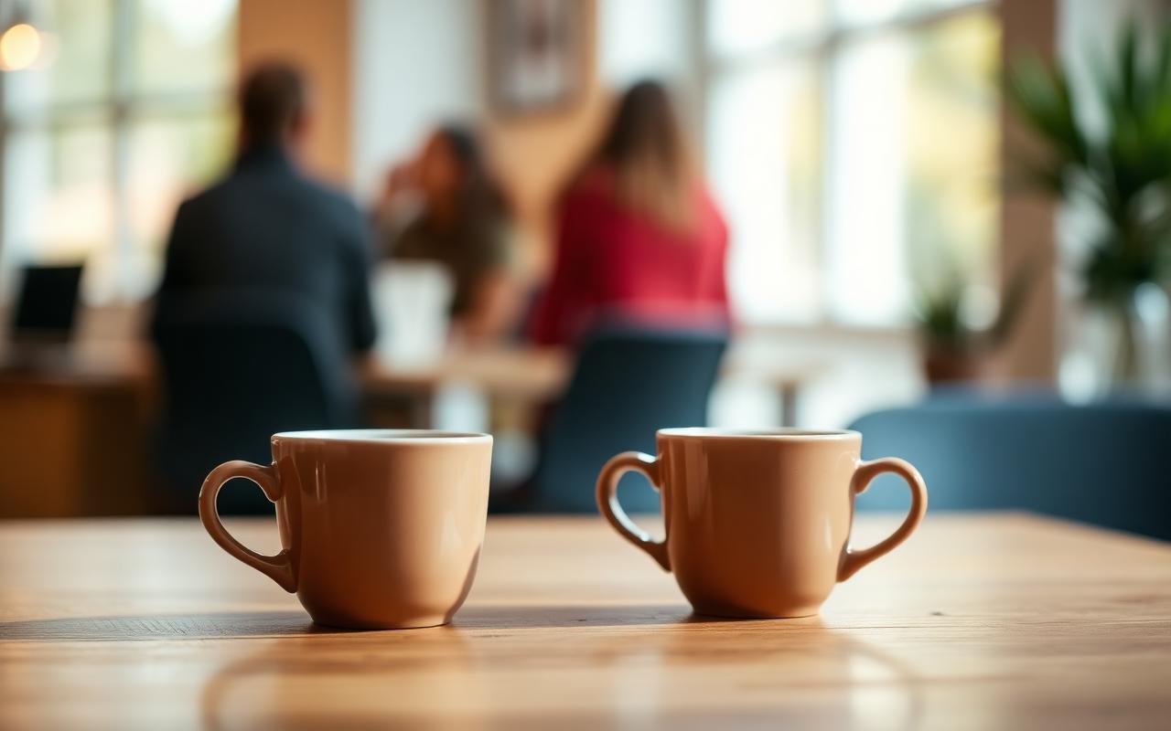 Twee koffiekopjes op een tafel bij een raam